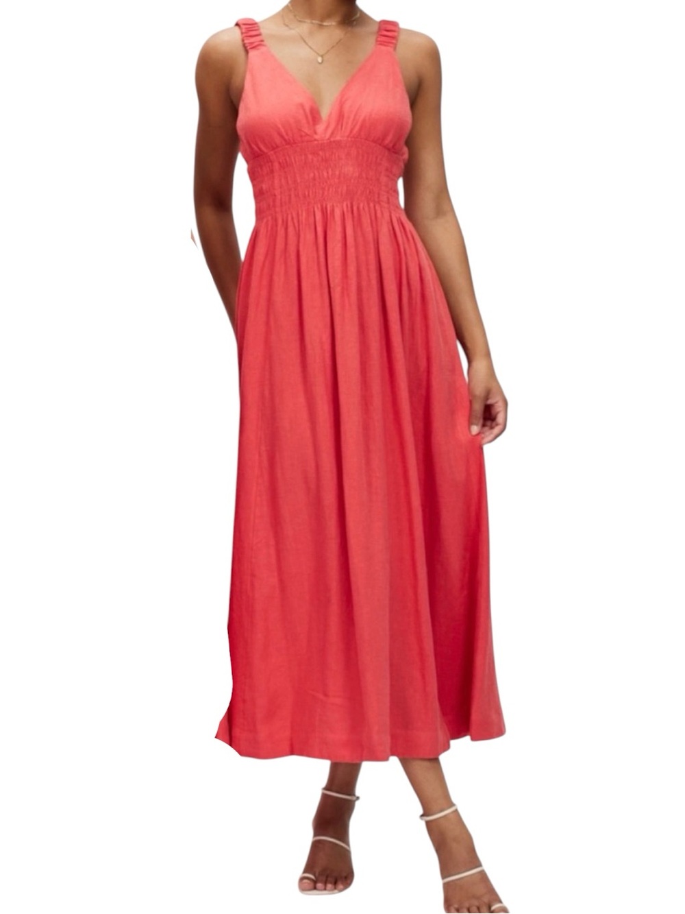 NWT Abercrombie Boho Summer Coral Smocked Linen Scrunchie Strap Maxi Dress XS